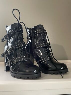 Black Studded Patent Lace-Up Heeled Boots